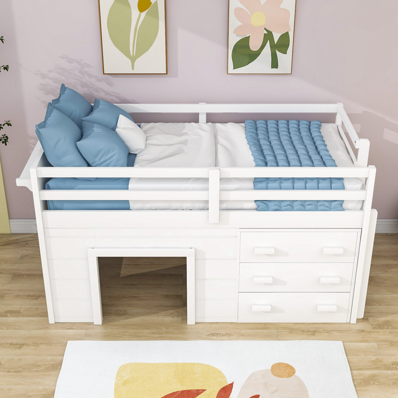 Harriet Bee Wood Loft Bed Twin Size Low Loft Bed With Drawers Wayfair